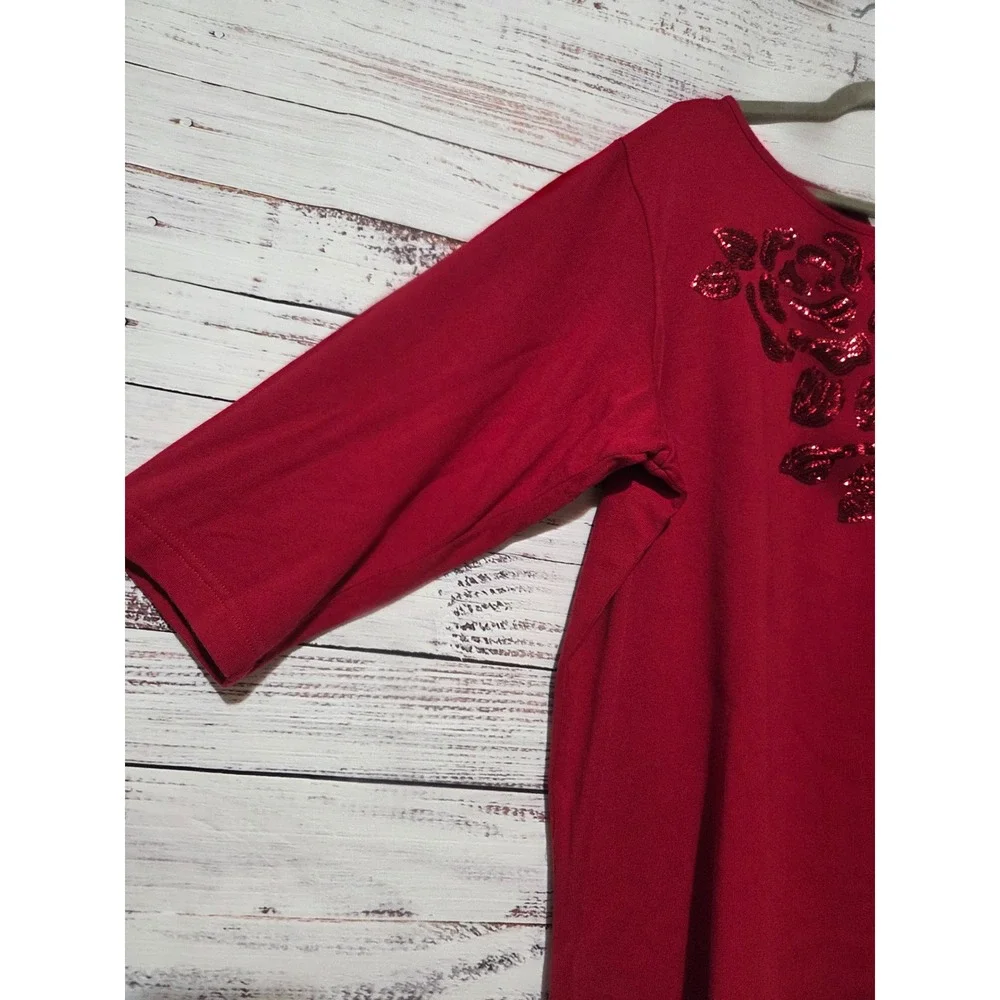 Quacker Factory Womens 2X Red Cotton Sequined Rose Floral 3/4 Sleeve Top